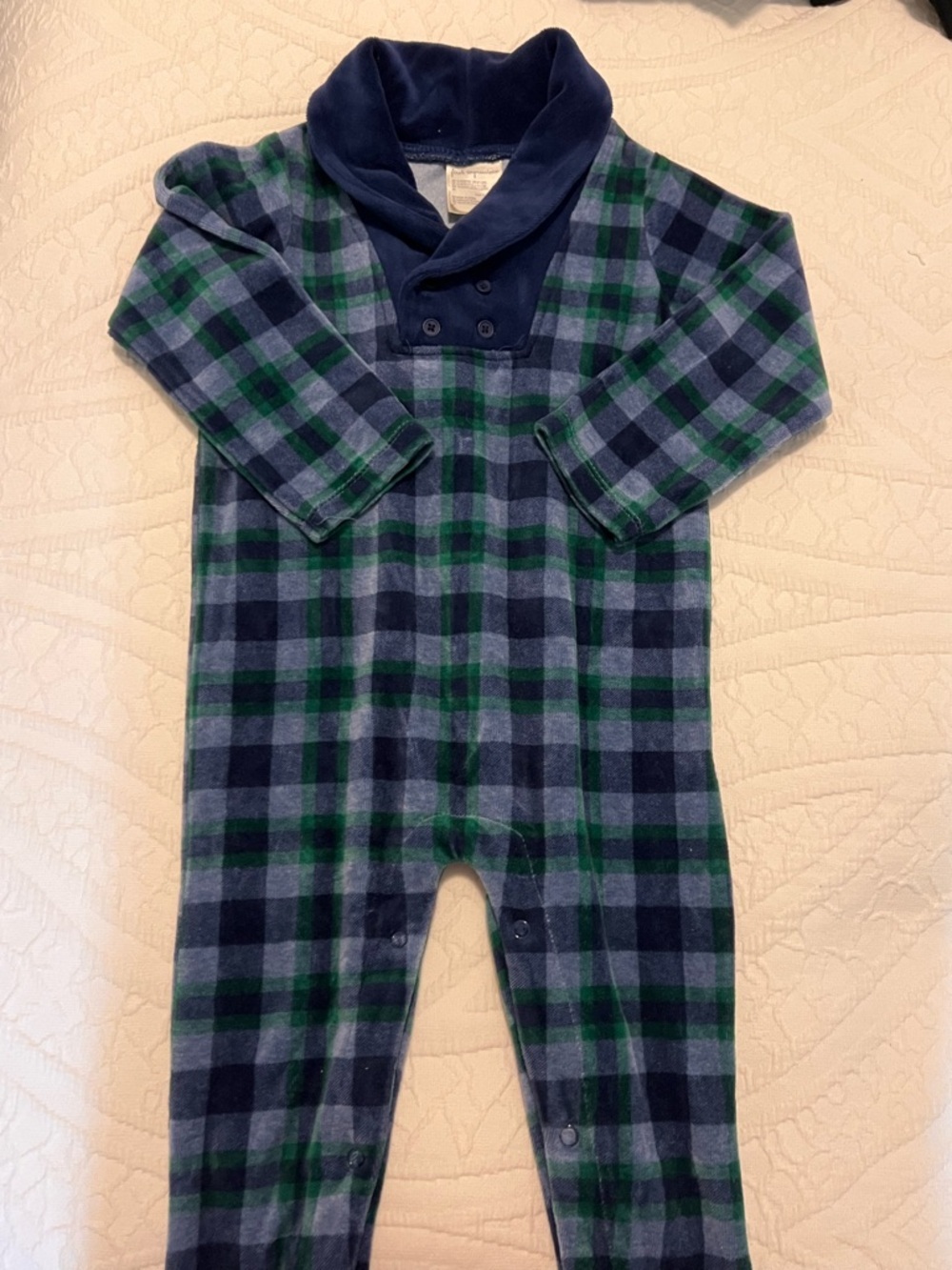 First Impressions Navy & Green Plaid Fleece One-Piece - NWOT